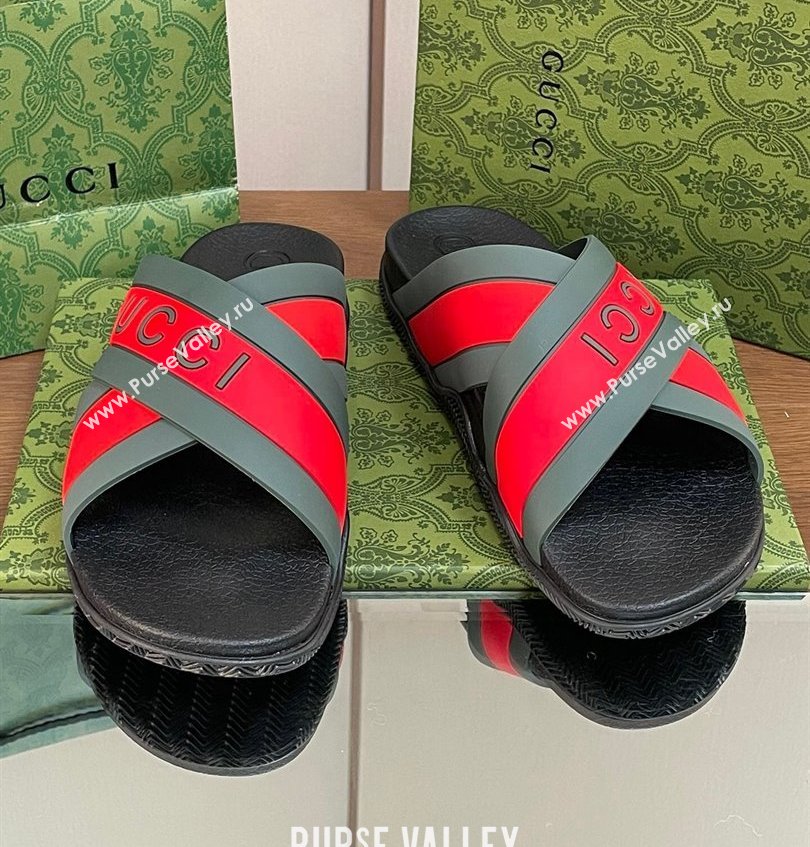 Gucci Criss-cross Rubber Women/Men Slide Sandals Logo Red/Green 2024 (kaola-24030634)