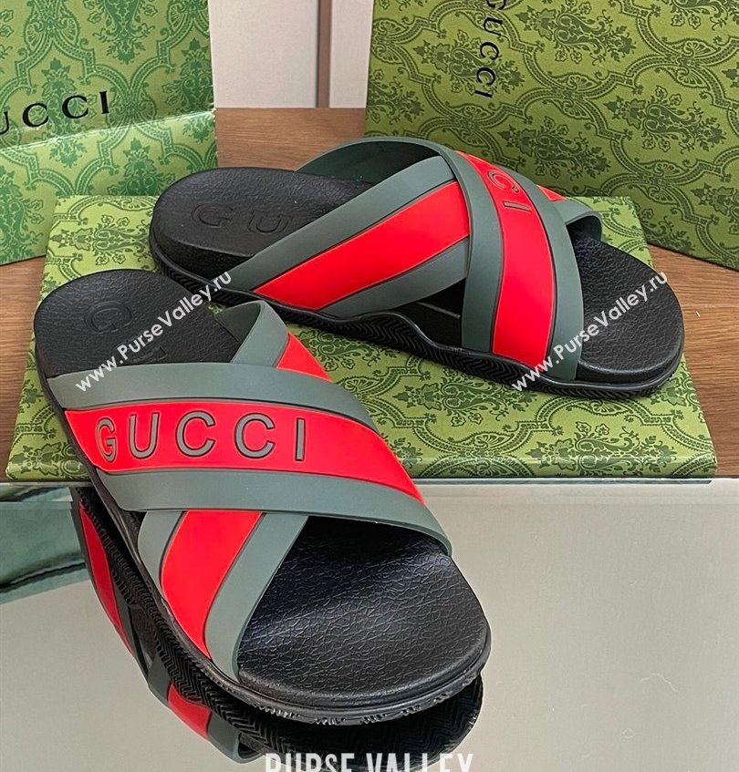 Gucci Criss-cross Rubber Women/Men Slide Sandals Logo Red/Green 2024 (kaola-24030634)