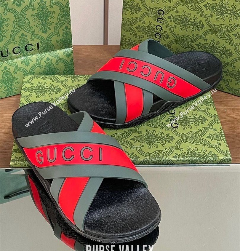 Gucci Criss-cross Rubber Women/Men Slide Sandals Logo Red/Green 2024 (kaola-24030634)