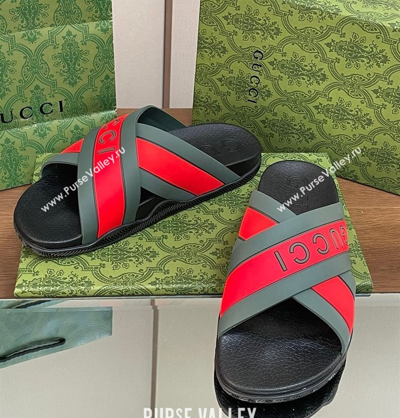 Gucci Criss-cross Rubber Women/Men Slide Sandals Logo Red/Green 2024 (kaola-24030634)