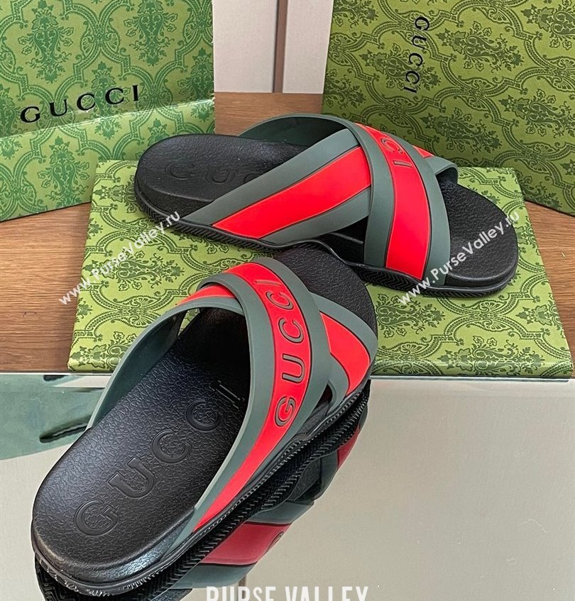 Gucci Criss-cross Rubber Women/Men Slide Sandals Logo Red/Green 2024 (kaola-24030634)