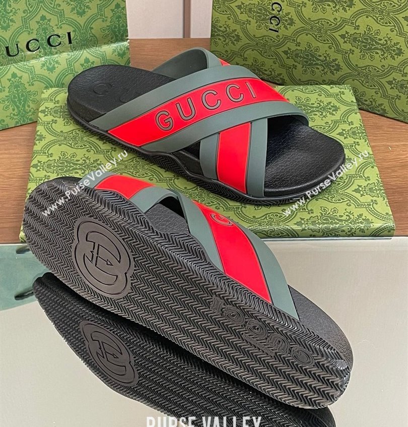 Gucci Criss-cross Rubber Women/Men Slide Sandals Logo Red/Green 2024 (kaola-24030634)