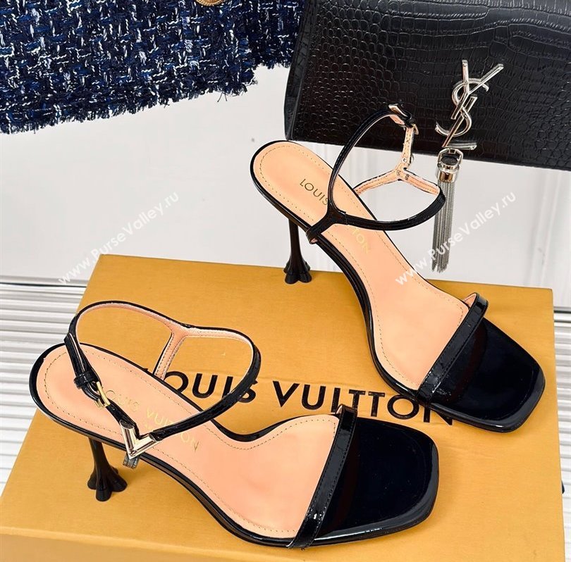 Louis Vuitton Heel 9.5cm Blossom Sandals in Patent calf leather Black 2024 (kaola-24030611)