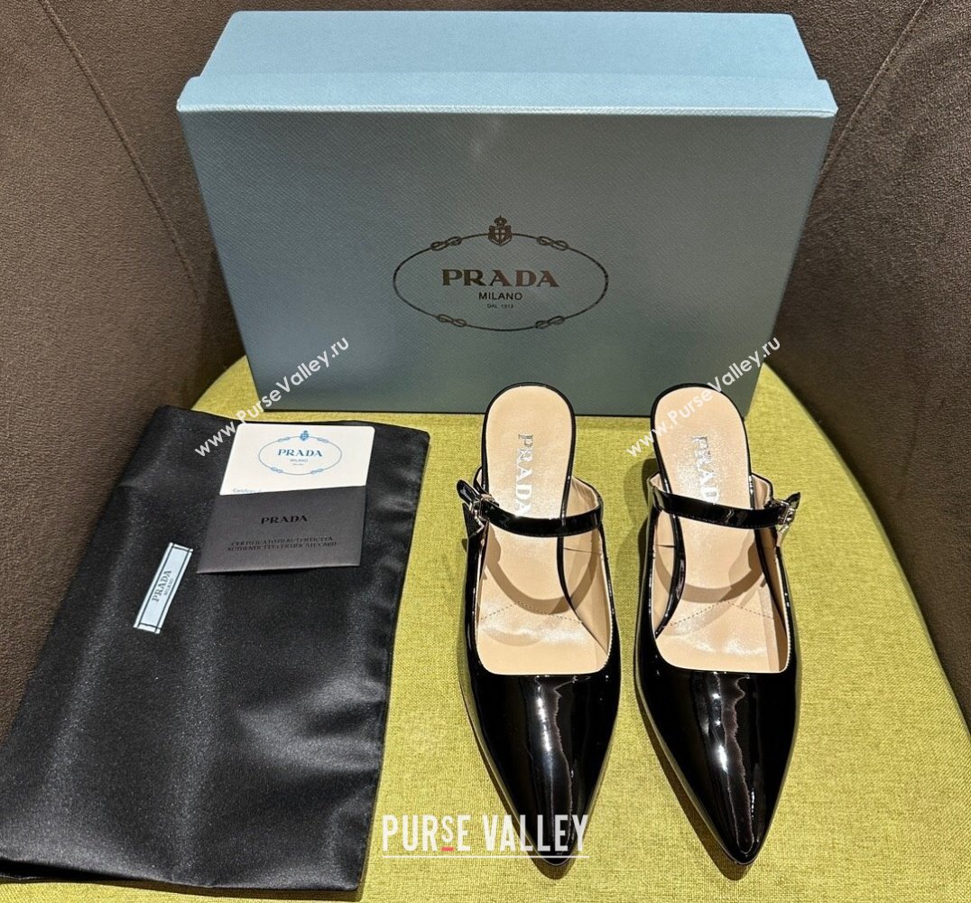 Prada Heel 5.5cm Patent leather Mules with Strap Black 2024 (modeng-24030819)