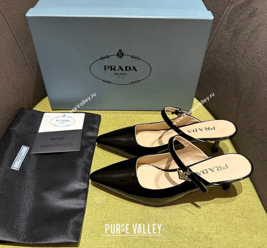 Prada Heel 5.5cm Patent leather Mules with Strap Black 2024 (modeng-24030819)