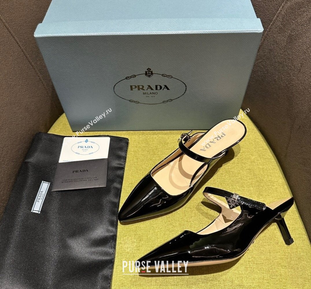 Prada Heel 5.5cm Patent leather Mules with Strap Black 2024 (modeng-24030819)