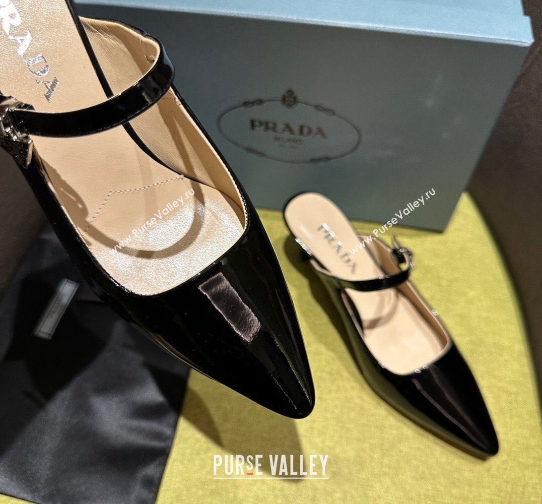 Prada Heel 5.5cm Patent leather Mules with Strap Black 2024 (modeng-24030819)