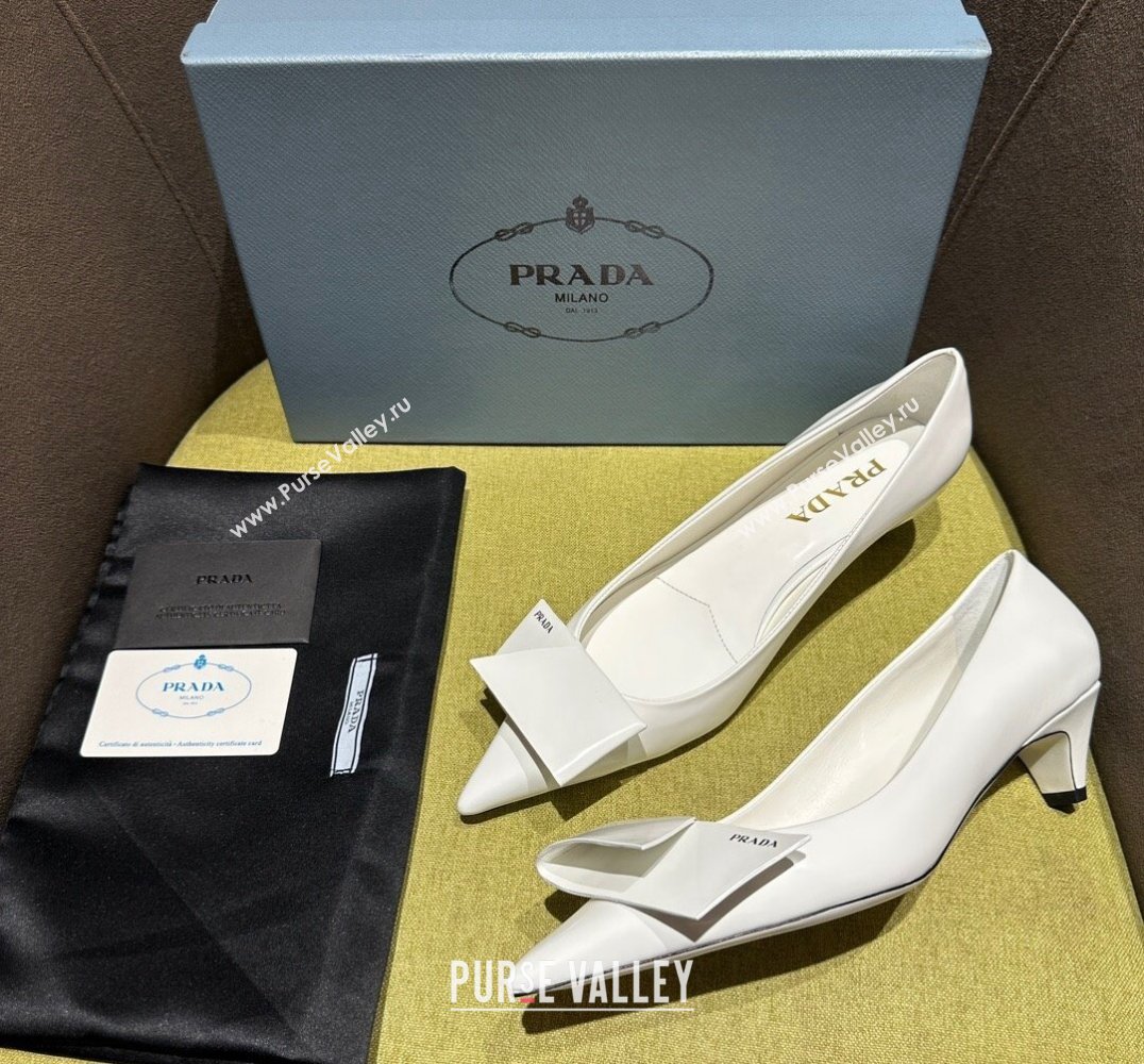 Prada Heel 4.5cm Brushed leather pumps with Architectural details White 2024 (modeng-24030802)