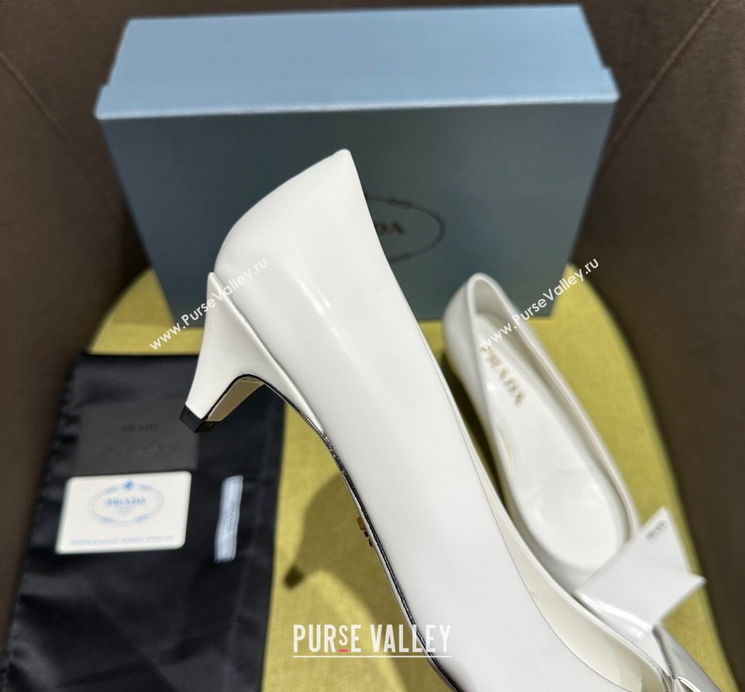 Prada Heel 4.5cm Brushed leather pumps with Architectural details White 2024 (modeng-24030802)