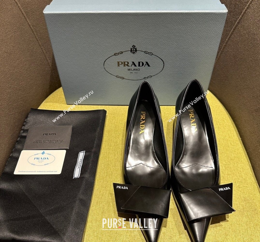 Prada Heel 4.5cm Brushed leather pumps with Architectural details Black 2024 (modeng-24030801)