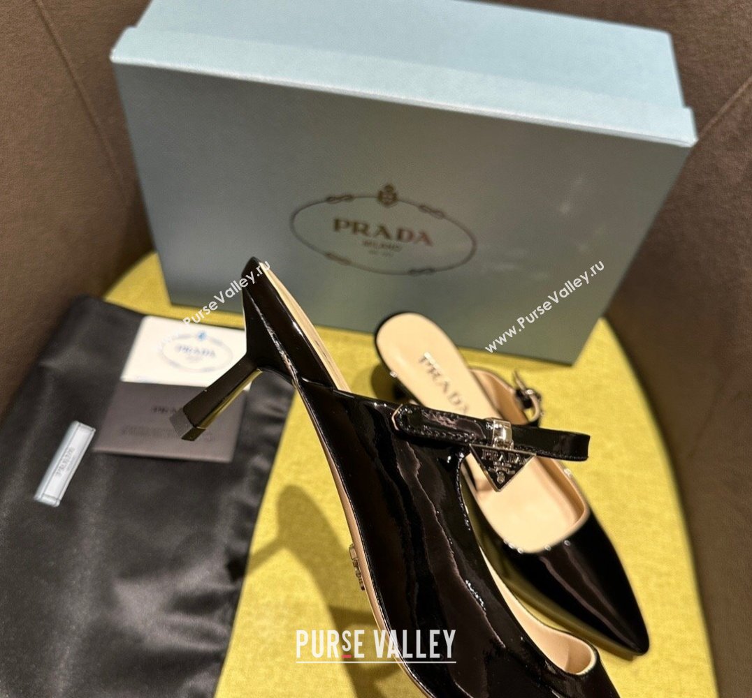 Prada Heel 5.5cm Patent leather Mules with Strap Black 2024 (modeng-24030819)