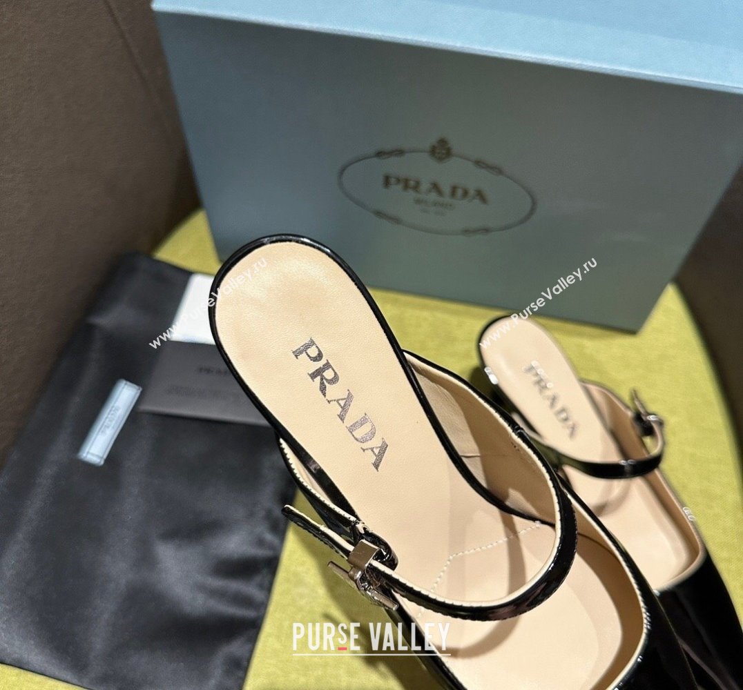 Prada Heel 5.5cm Patent leather Mules with Strap Black 2024 (modeng-24030819)