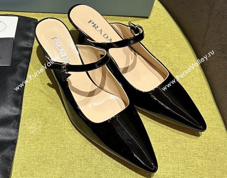 Prada Heel 5.5cm Patent leather Mules with Strap Black 2024 (modeng-24030819)