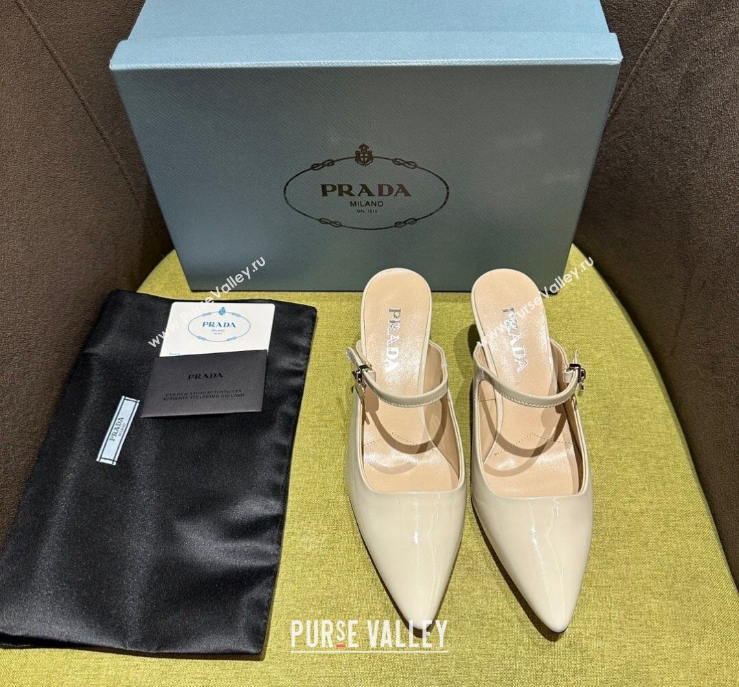 Prada Heel 5.5cm Patent leather Mules with Strap Beige 2024 (modeng-24030821)