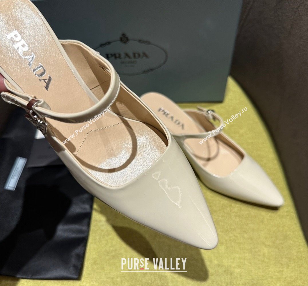 Prada Heel 5.5cm Patent leather Mules with Strap Beige 2024 (modeng-24030821)