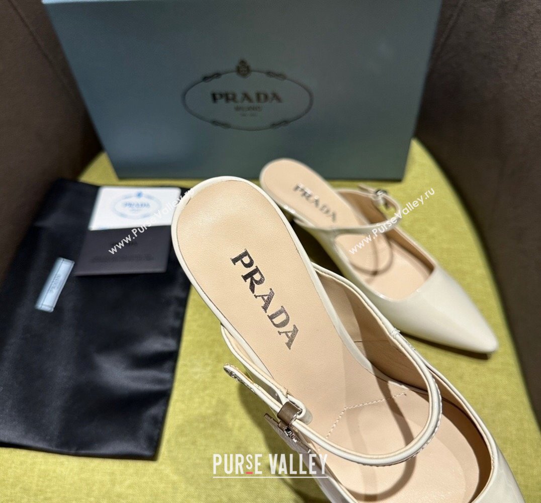 Prada Heel 5.5cm Patent leather Mules with Strap Beige 2024 (modeng-24030821)