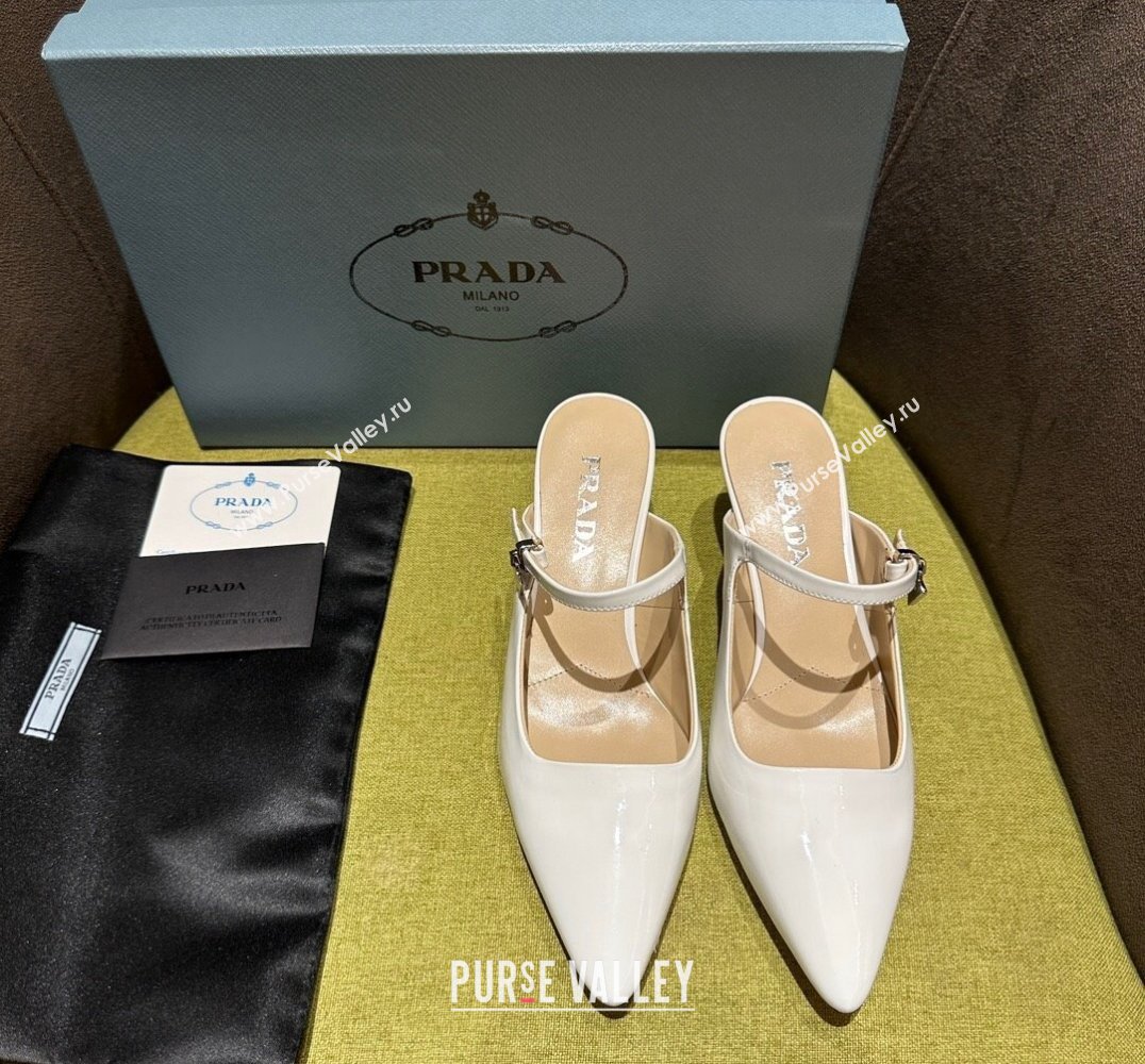 Prada Heel 5.5cm Patent leather Mules with Strap White 2024 (modeng-24030820)