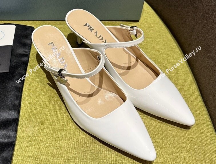 Prada Heel 5.5cm Patent leather Mules with Strap White 2024 (modeng-24030820)