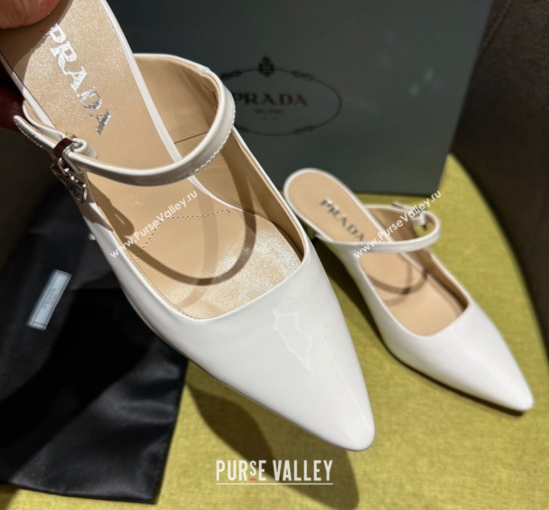 Prada Heel 5.5cm Patent leather Mules with Strap White 2024 (modeng-24030820)