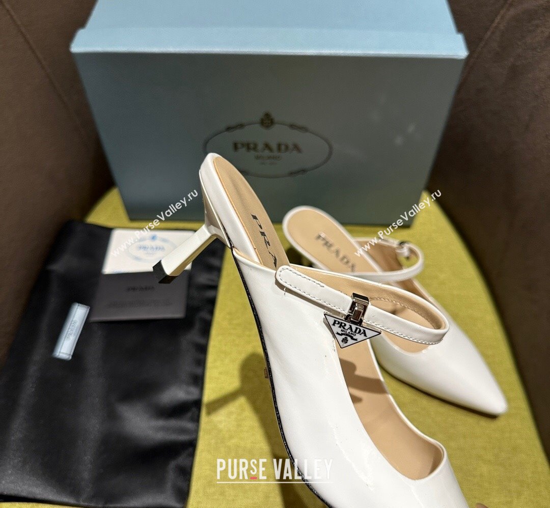 Prada Heel 5.5cm Patent leather Mules with Strap White 2024 (modeng-24030820)