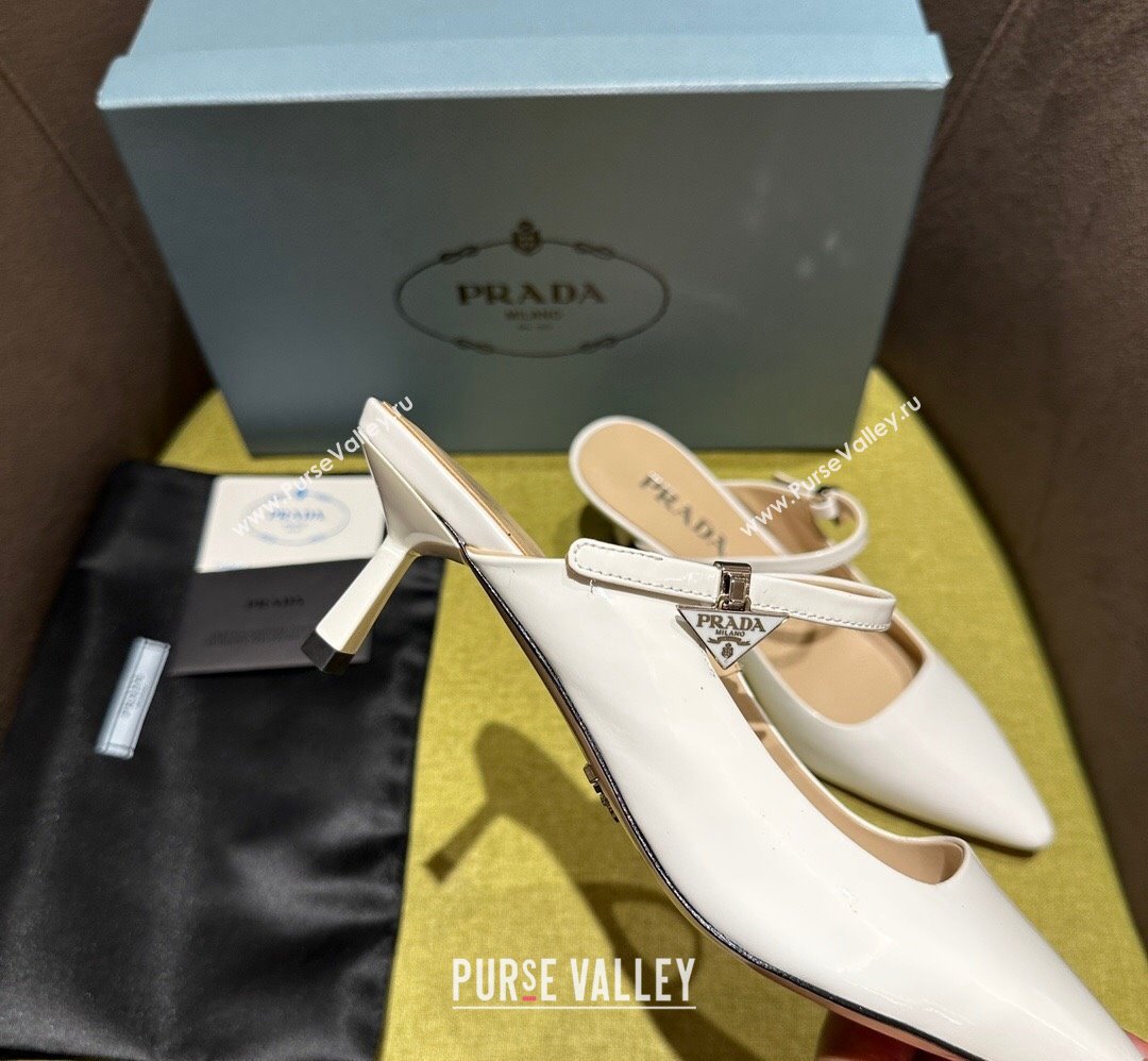 Prada Heel 5.5cm Patent leather Mules with Strap White 2024 (modeng-24030820)