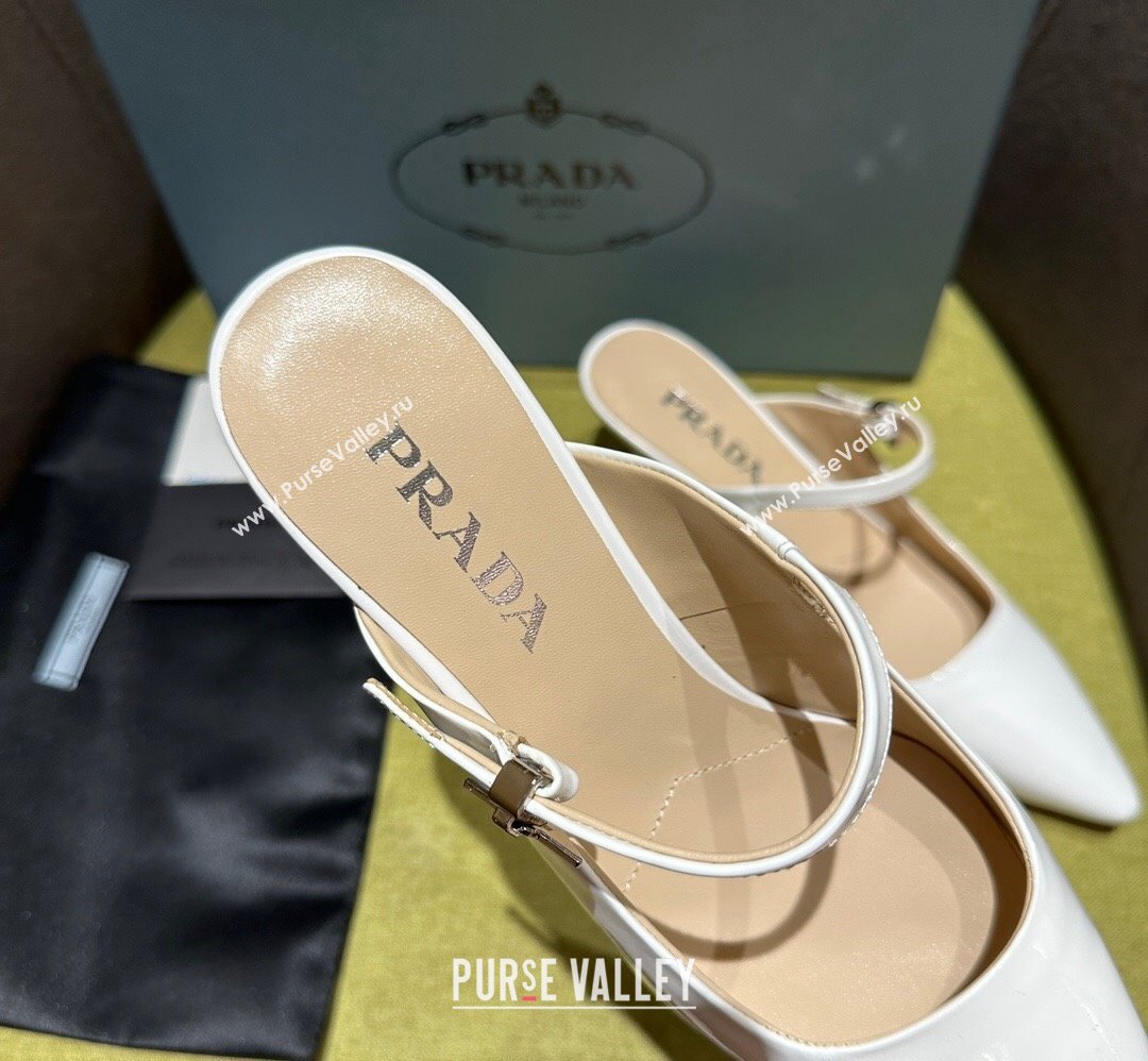 Prada Heel 5.5cm Patent leather Mules with Strap White 2024 (modeng-24030820)