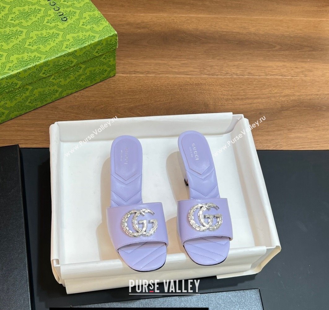 Gucci Heel 7.5cm Womens Slides with Crystal Double G in Leather Purple 2024 (modeng-24031103)