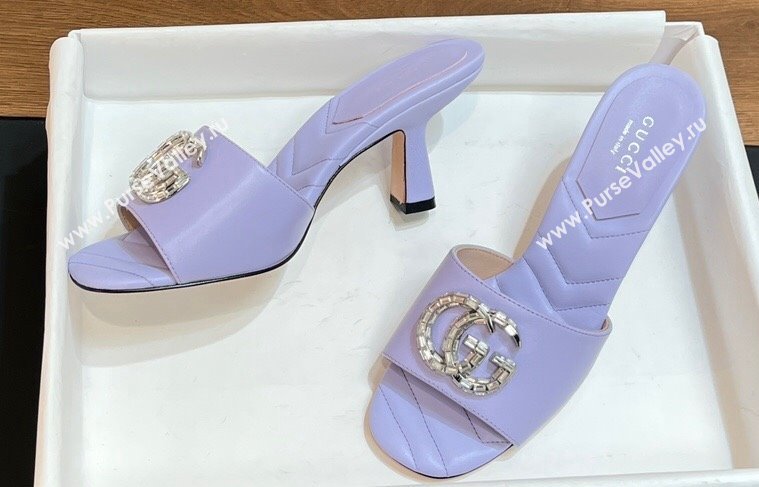 Gucci Heel 7.5cm Womens Slides with Crystal Double G in Leather Purple 2024 (modeng-24031103)