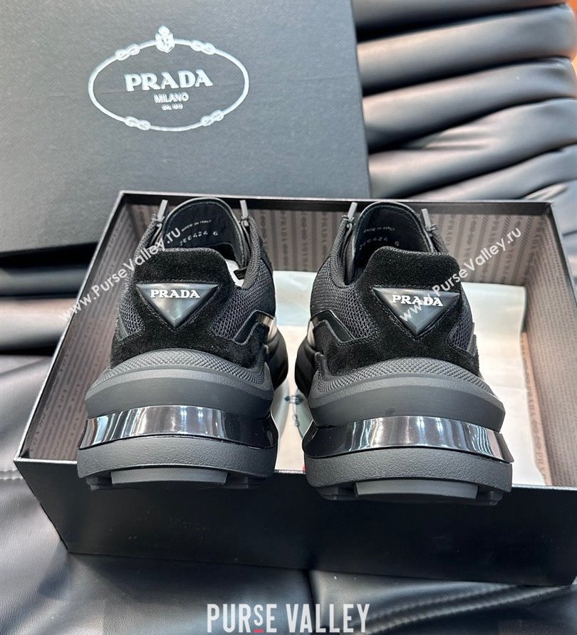 Prada Systeme brushed leather Mens sneakers with bike fabric and suede elements Black 2024 (shouhe-24030952)