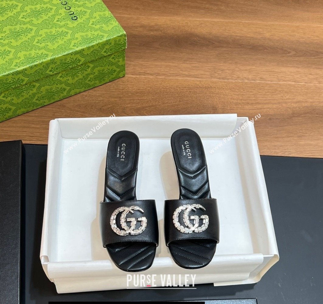 Gucci Heel 7.5cm Womens Slides with Crystal Double G in Leather Black 2024 (modeng-24031101)