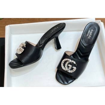 Gucci Heel 7.5cm Womens Slides with Crystal Double G in Leather Black 2024 (modeng-24031101)