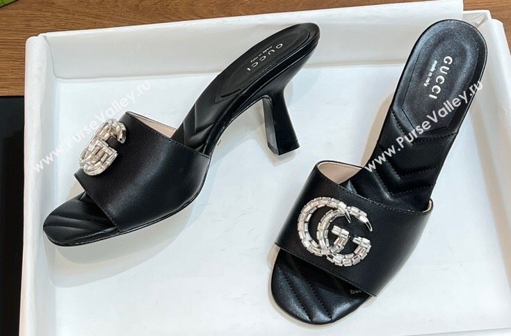 Gucci Heel 7.5cm Womens Slides with Crystal Double G in Leather Black 2024 (modeng-24031101)