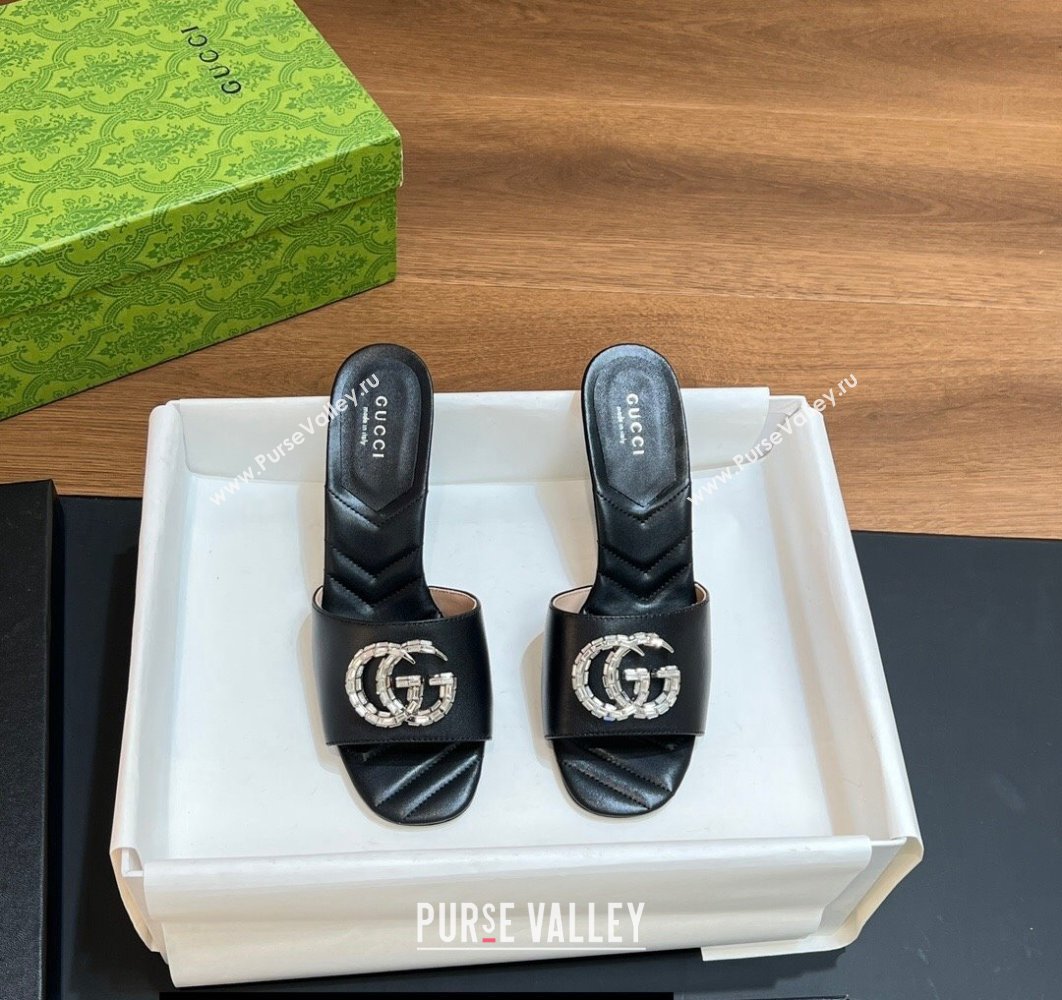 Gucci Heel 7.5cm Womens Slides with Crystal Double G in Leather Black 2024 (modeng-24031101)