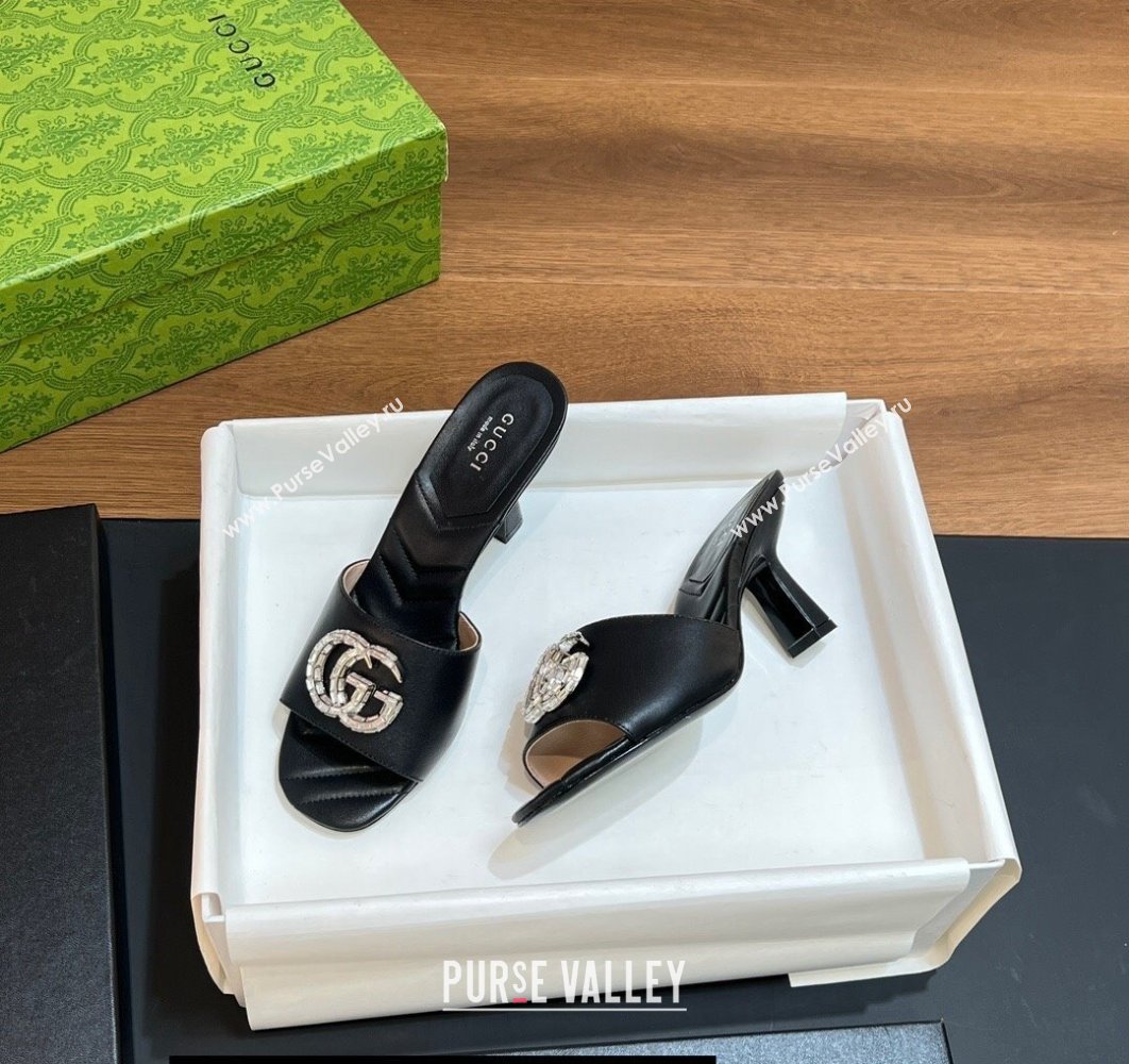 Gucci Heel 7.5cm Womens Slides with Crystal Double G in Leather Black 2024 (modeng-24031101)