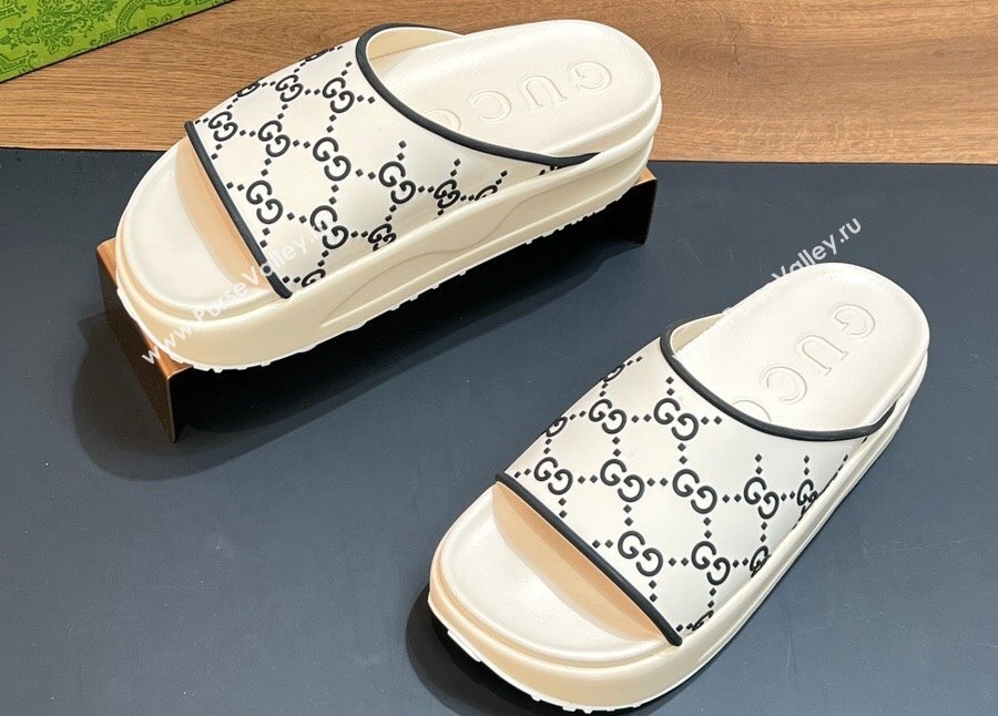 Gucci Women/Men platform Rubber slide sandals GG White/Black 2024 (modeng-24031113)