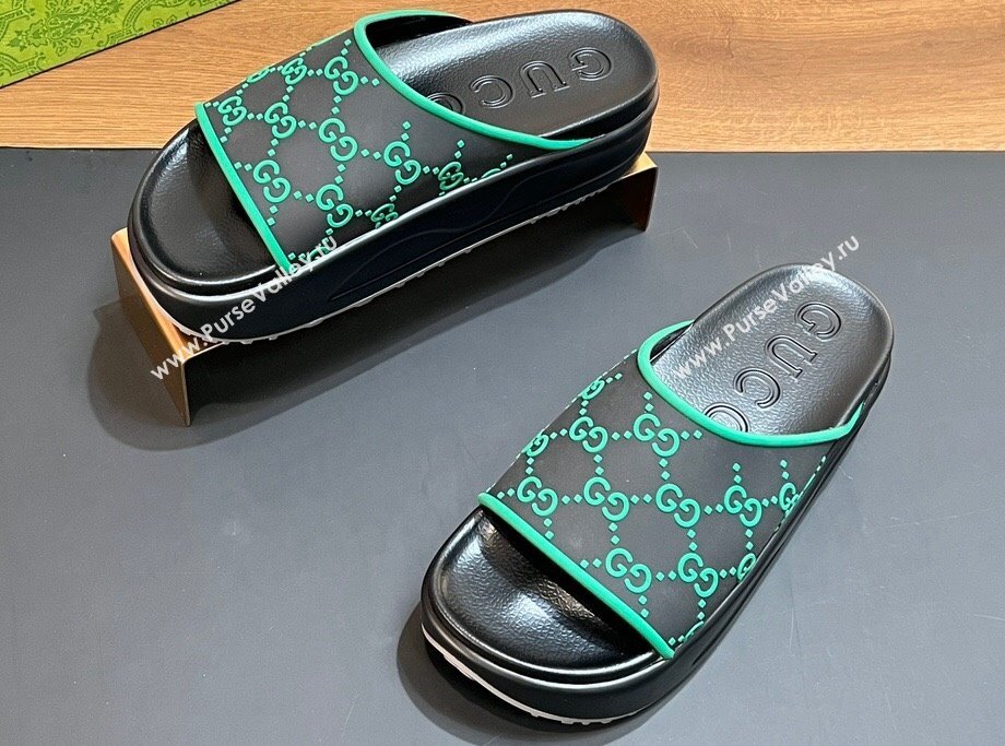 Gucci Women/Men platform Rubber slide sandals GG Black/Green 2024 (modeng-24031112)