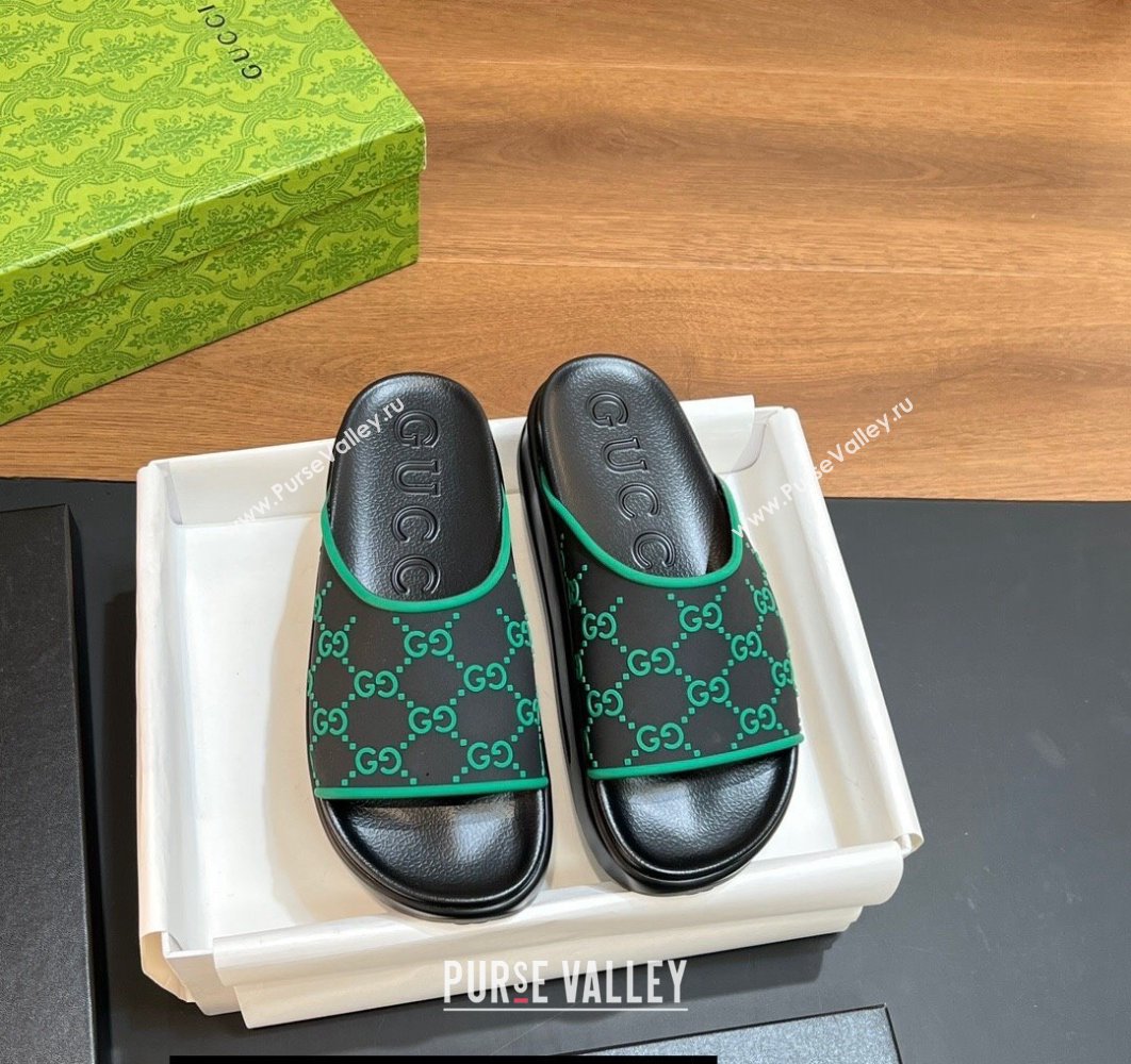 Gucci Women/Men platform Rubber slide sandals GG Black/Green 2024 (modeng-24031112)