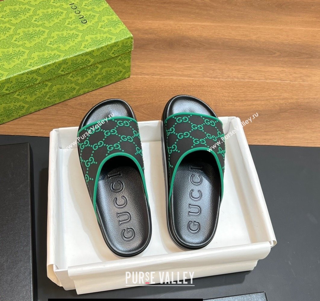 Gucci Women/Men platform Rubber slide sandals GG Black/Green 2024 (modeng-24031112)