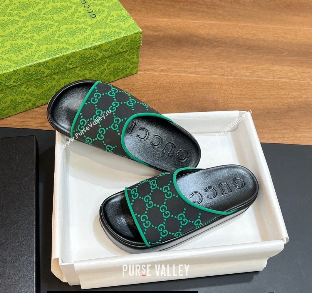 Gucci Women/Men platform Rubber slide sandals GG Black/Green 2024 (modeng-24031112)