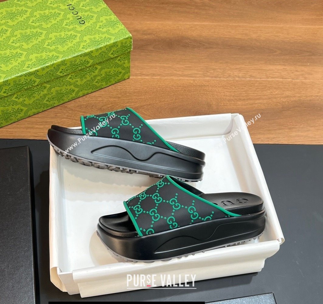 Gucci Women/Men platform Rubber slide sandals GG Black/Green 2024 (modeng-24031112)