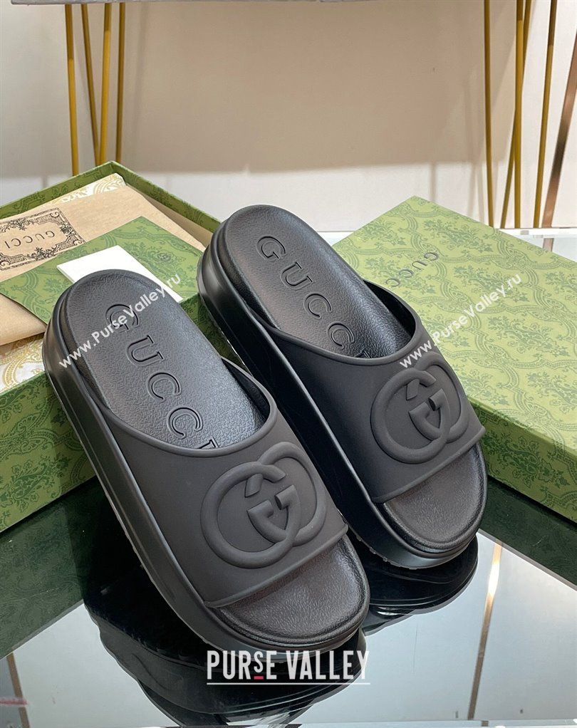 Gucci Women/Men platform Rubber slide sandals with Interlocking G Black 2024 (modeng-24031119)