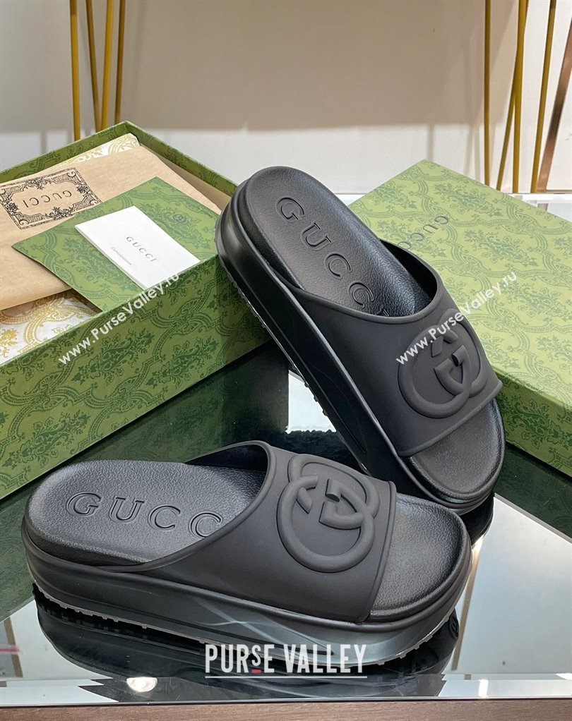 Gucci Women/Men platform Rubber slide sandals with Interlocking G Black 2024 (modeng-24031119)