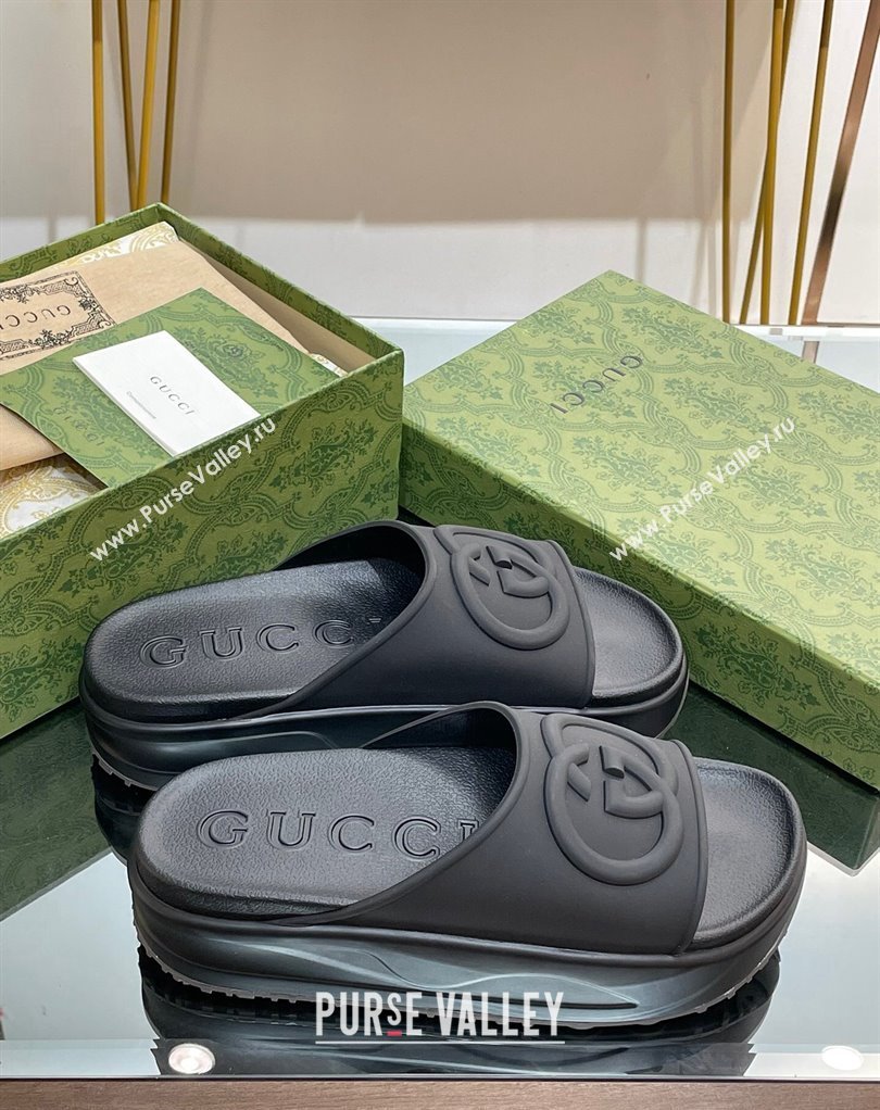 Gucci Women/Men platform Rubber slide sandals with Interlocking G Black 2024 (modeng-24031119)