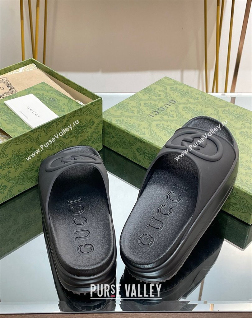 Gucci Women/Men platform Rubber slide sandals with Interlocking G Black 2024 (modeng-24031119)