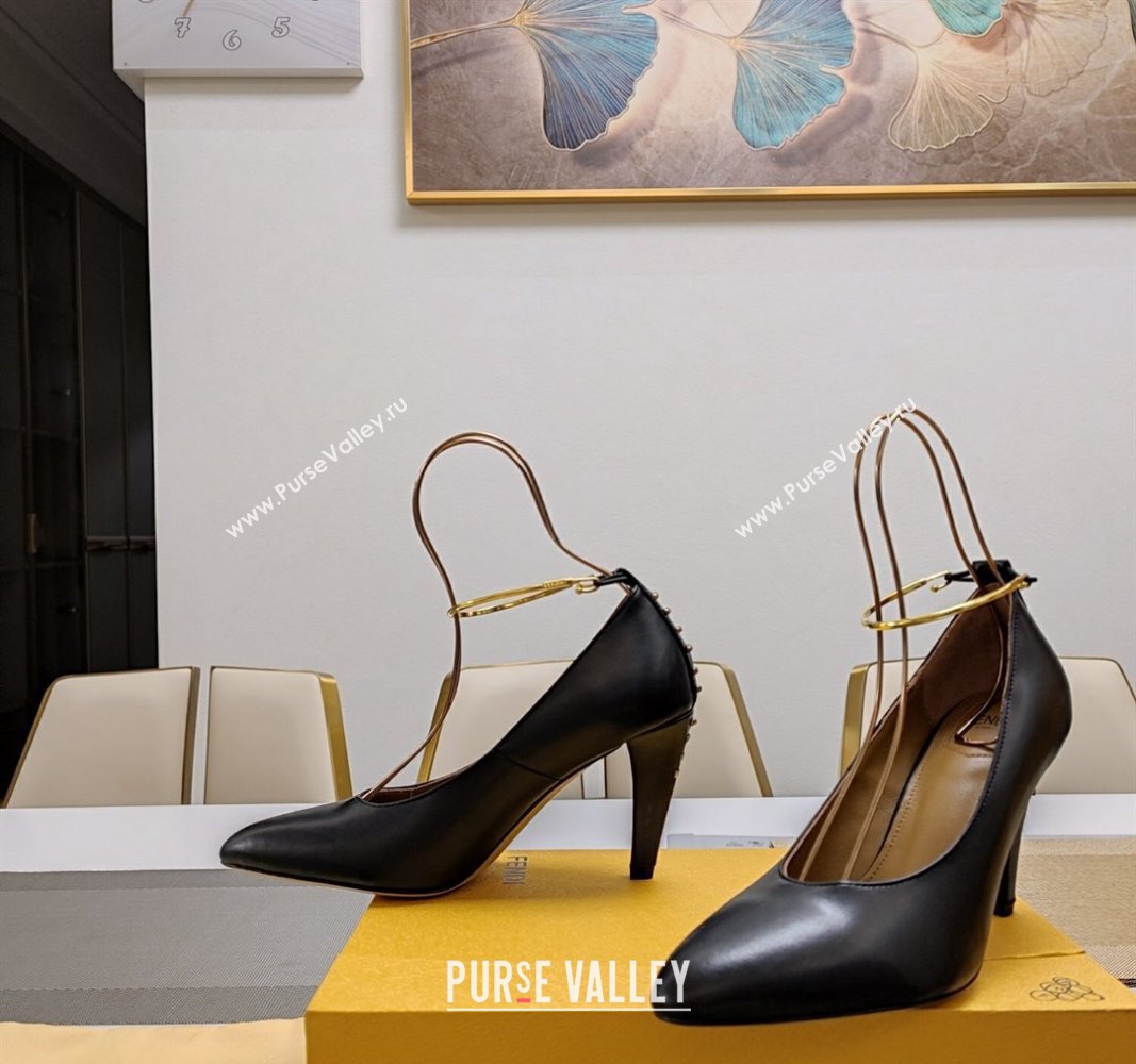 Fendi Filo high-heeled 8.5cm leather pumps Black with metallic ankle strap 2024 (modeng-24032032)