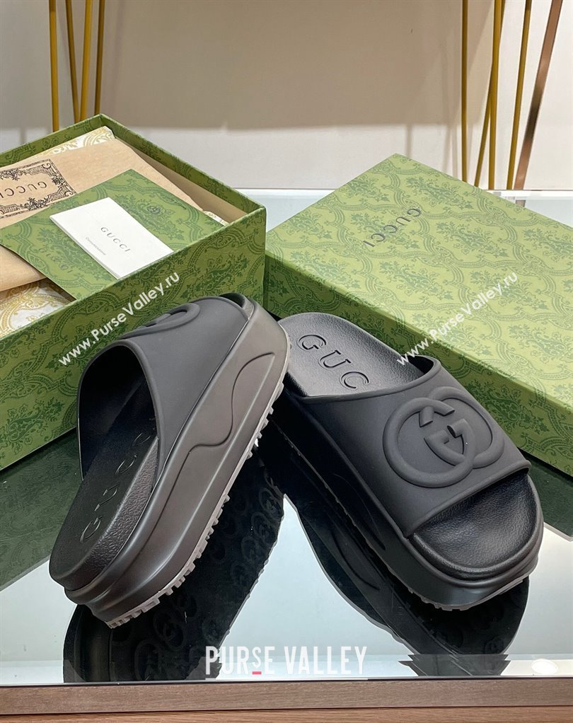 Gucci Women/Men platform Rubber slide sandals with Interlocking G Black 2024 (modeng-24031119)