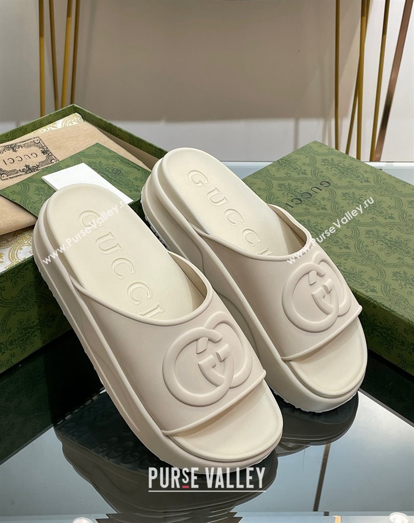 Gucci Women/Men platform Rubber slide sandals with Interlocking G White 2024 (modeng-24031120)