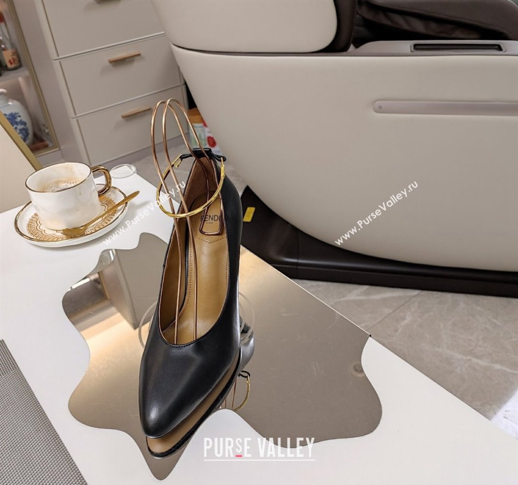 Fendi Filo high-heeled 8.5cm leather pumps Black with metallic ankle strap 2024 (modeng-24032032)