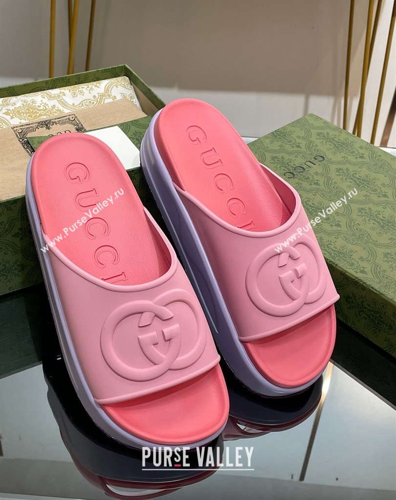 Gucci Women/Men platform Rubber slide sandals with Interlocking G Pink 2024 (modeng-24031126)