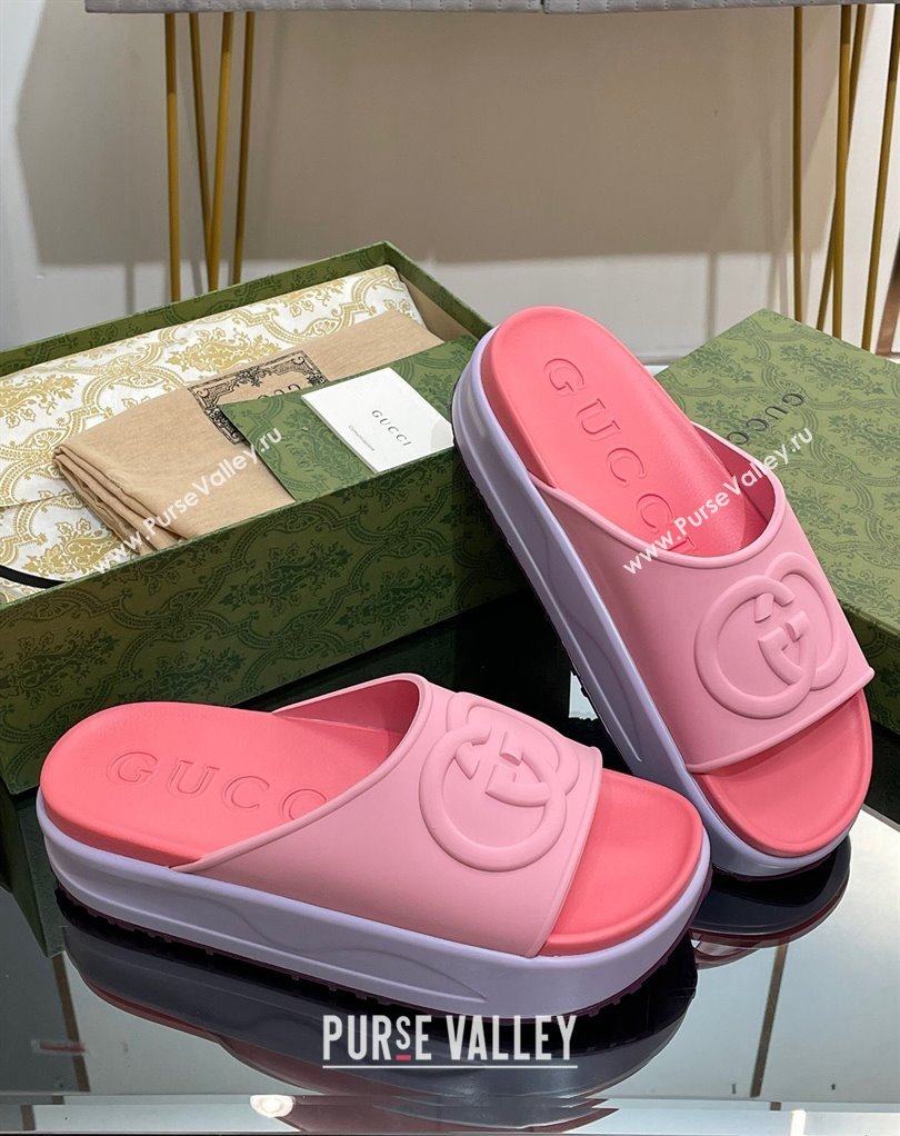 Gucci Women/Men platform Rubber slide sandals with Interlocking G Pink 2024 (modeng-24031126)